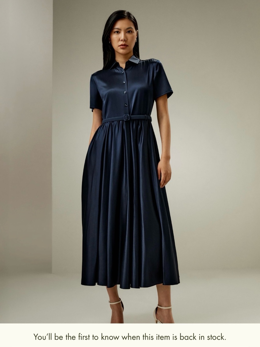 Lily Silk Satin Navy Belted Shirt Midi Dress